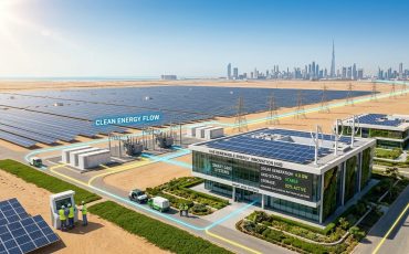 Renewable energy project in UAE featuring large solar panels, smart grid systems, and sustainable buildings under bright sunlight with modern engineering design.